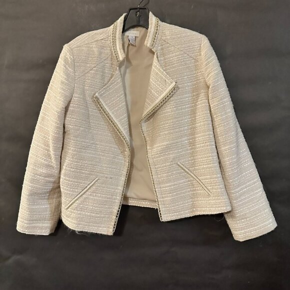 CHICOS Size 1 Cotton  Motorcycle Jacket Tweed Creme Size 10 Medium Gold Silver - Picture 5 of 10